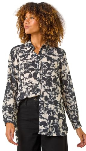 Roman Originals Shirt for Women Ladies Cotton Blouse Button Through Tunic Printed Top Work Long Sleeve Smart Casual Going Out Work Office V Neck Everyday Evening Event - Ink - Size 18