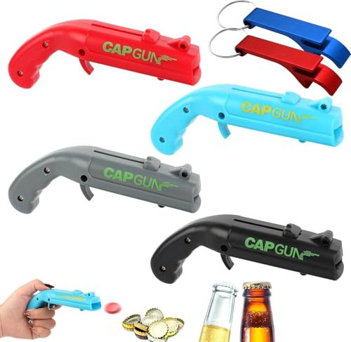 4 Pcs Beer Bottle Opener Cap Gun, Beer Bottle Cap Launcher with 2 Bottle Opener Keyring, Beer Gifts for Men for Shooting Game, Bar, Party