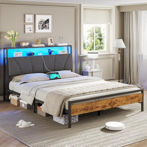 Brinlawb Bett 120x200 mit Lattenrost aus Metall, Bettgestell 120x200cm mit LED Beleuchtung Metallbett 120x200 cm mit Kopfteil & Ladestation(2 AC-Steckdosen&2 USB-Anschlüsse) jugendbett Doppelbett