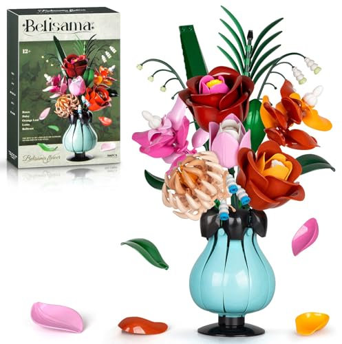 Blumenstrauß Klemmbausteine Baukasten Mit Vase,566 Teile 6 Blumen Botanicals Bauspielzeug,Rose Flowers Bouquet Set Deko DIY-Pflanzenstrauß Blumen Bausätze Geschenks für Erwachsene Damen Mädchen ab 12+