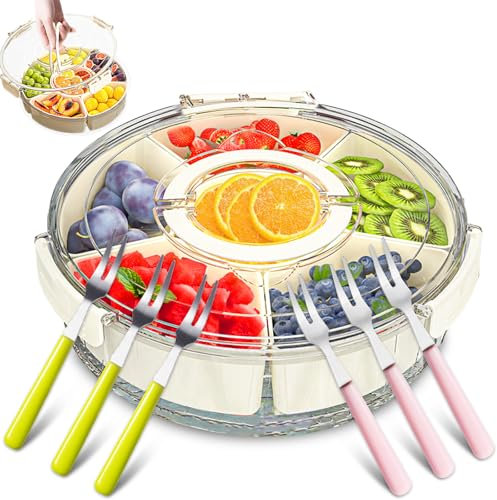 Plstod Snackteller mit Deckel, Snackbox mit Fächern Rund, Snack Spinner mit Griff, Snackbox rund mit 6 Behälter und 6 Obstgabel, 360° Drehbare Tragbare Snack Box für Party, Familien, Picknick