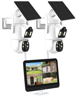 AKAVIG Système de caméra de sécurité extérieure à double objectif 4 MP avec moniteur NVR et 2 caméras, kit de caméras de surveillance solaire WiFi sans fil avec audio bidirectionnel, vision nocturne