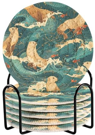 Lot de 6 sous-verres décoratifs en corde de coton Motif chiens de mer japonais Vagues de l'océan