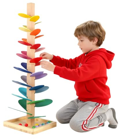 Holz Kugelbahn Klangbaum, Klang Murmelbahn Regenbogen, Musikbaumspielzeug mit 10 Regenbogenbälle Spielzeug ab 1 Jahr, Montessoris Spielzeug aus Holz Regenbogen Klangbaum Murmelbahn