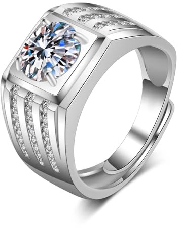 KnBoB Ringe Herren 18K Weißgold Verstellbar Breit Rund Moissanit Eheringe und Verlobungsringe Größe 60 (19.1)