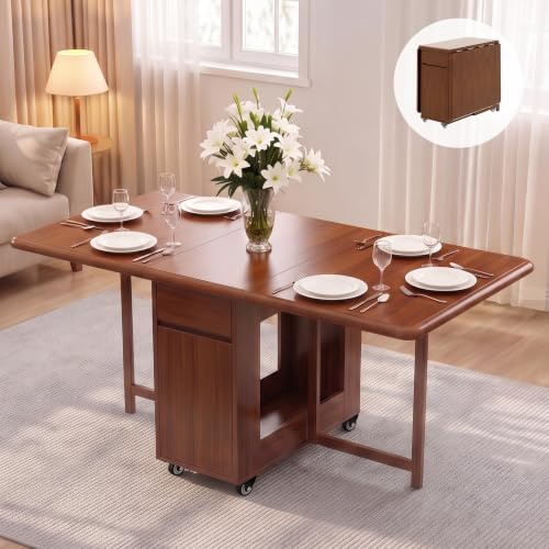 TFFCIC Folding Drop Leaf Dining Table, Space Saving Kitchen Table | Fully Assembled Foldable Table with Storage & Lockable Wheels for Small Spaces, Solid Wood, 130 cm Table, Walnut