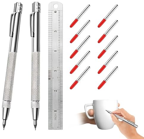 Anreißwerkzeug Set mit 2 Anreissnadel aus Wolframcarbid, Reißnadel für Metall und Keramik, 10 Ersatzspitzen, magnetische Stiftspitze, inklusive Stahllineal, praktisches Anreißwerkzeug Set Metall