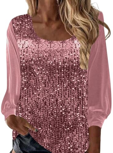 Pink Women's Sequin Square Neck Velvet Tops – Long Sleeve Ladies Sparkly Tops Party Blouses & Shirts Casual Glitter Velour Loose Tunic Tshirt Evening Wear for Christmas