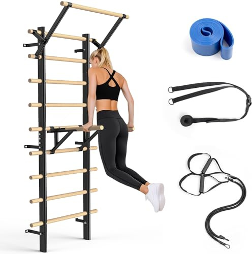 Sprossenwand aus Holz 220 cm – Klettergerüst für Kinder & Erwachsene – Wandmontage mit Klimmzugstange & Dip-Barren – Multifunktionales Trainingsgerät für Zuhause