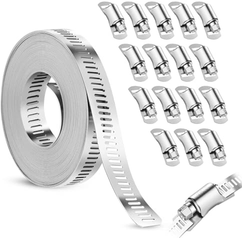 6M Schlauchschellen Edelstahl Set, Robuste Einstellbare Lochband Metall mit 16 Stück Befestigung DIY Schlauchbinder Set Schlauchklemme für Wasserrohr Garten Haus Gas Rohr Teich