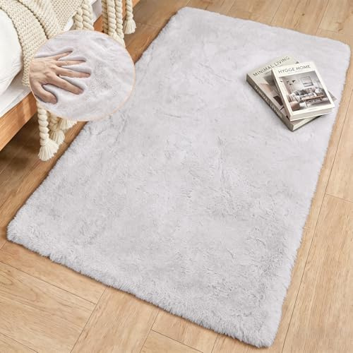 Goolela Teppich Schlafzimmer Grau 60x90 cm, Kunstfell Bettvorleger, Fellteppich Weich Waschbar