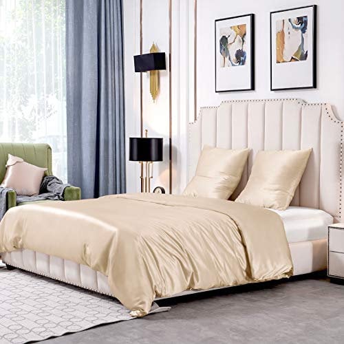 THXSILK 25 Momme Silk Bed Linen Set, 3-Piece Duvet Cover 200 x 200 cm and 2 Pillowcases 80 x 80 cm, Hypoallergenic Mulberry Silk Bedding Set, Ultra Soft and Smooth, Champagne