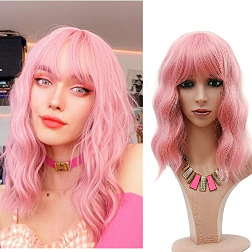 Greenmirr Short Rosa Perücke BOB Wellige Perücken mit Pony Hitzebeständiges Kunsthaar 14in (Pink)