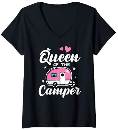 Lustige Wohnmobil Camping Sprüche Damen Queen Of The Camper Camping T-Shirt mit V-Ausschnitt Schwarz S