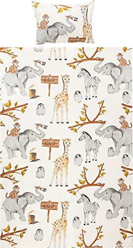 Erwin Müller Kinder-Bettwäsche, Bettgarnitur Zoo-Tiere Renforcé - temperaturausgleichend, strapazierfähig, mit praktischem Reißverschluss - Zoo-Tiere Größe 135x200 cm (40x80 cm)