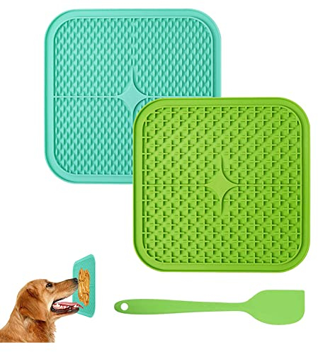 Koomiao Leckmatte für Hunde 2 Stück Silikon Schleckmatte,Hund Snack Lecken Pad mit 1 Silikon Spatel Leckmatte Hund Super Starke Saugkraf Geeignet zum Baden, Trainieren und Pflegen