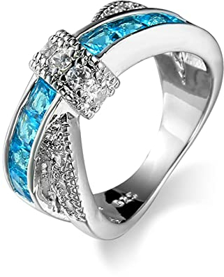 Aotiwe Ring Verlobungsring, Punk Schmuck Damen Verdrehter Eingelegter Seeblauer Zirkon Rechteckig Weiß Vergoldet Größe 62 (19.7)