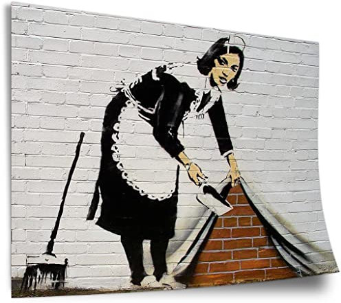 Printistico Poster Banksy - Putzfrau kehrt Dreck unter Wand-Bemalung Graffiti Street Art Kunstdruck ohne Rahmen, Wandbild - A4, A3, A2, A1, A0, XXL - Wohnzimmer, Schlafzimmer, Küche, Deko