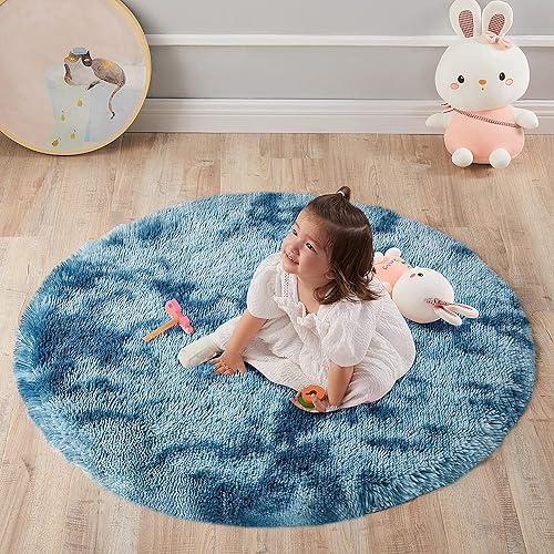 Shaggy Hochflor Teppich Rund für Kinderzimmer Wohnzimmer Schlafzimmer Langflor Teppich Hochwertig Hohe Pflegeleicht Fadendichte Wasser flauschiger kinderteppich Bodenmatte Mädchen( (Blau, 183cm)