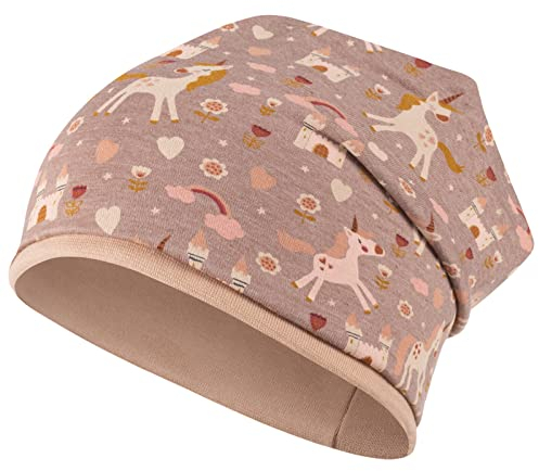 Mädchen Mütze Beanie Übergangsmütze Stoffmütze Zwillinge Waldwiese Einhorn, Größe: 54/56, Farbe: braun/rosa