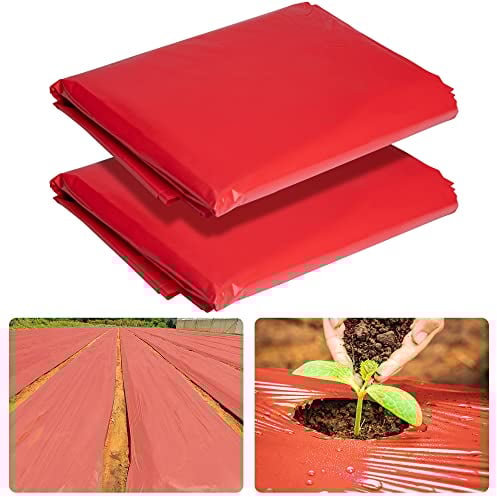 2 Stück 3 mm geprägte rote Mulch-Garten-Kunststofffolie, 1,2 m x 7,6 m, rote Landwirtschaft, Pflanzen-Mulchfolie für Kartoffeln, Tomaten, Auberginen, Erdbeere