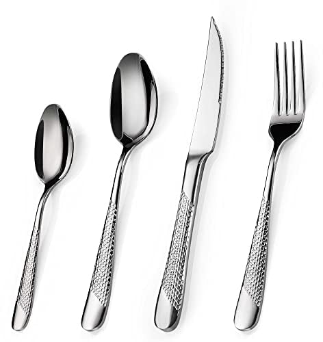 16 Piece Cutlery Set, Stainless Steel Knife and Fork Sets Service for 4, Hammered Pattern Design Tableware with Forks/Spoons/Knives, Modern Silverware Set for Home/Restaurant/Party