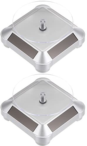 sourcing map 2pcs Solar Display Stand Turntable 3.54 Plate Dia Battery Double Use 360° Two-Way Rotating ABS Plastic Automatic Revolving Display for 3D Print Jewelry Displaying, Silver Tone