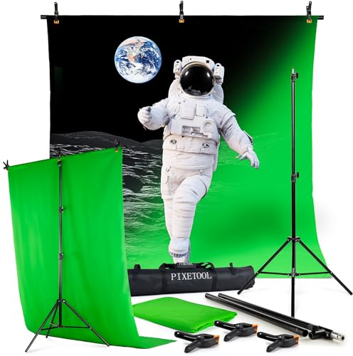 PIXETOOL - Greenscreen mit Ständer (2,6m x 1,5m) - Fotohintergrund - Fotostudio Set – Green Screen - Hintergrund Fotografie - Inklusive Ständer (2,6m x 1,5m) und 3 Klemmen