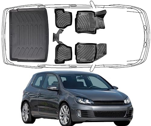 Rizline Passgenau 3D Fussmatten & Kofferraumwannee Auto Set Kompatibel mit Volkswagen Golf 6 2009-2012 Auto Zubehör Gummimatten & Kofferraummatte Autos TPE Allwetter Geruchlos rutschfest Schwarz