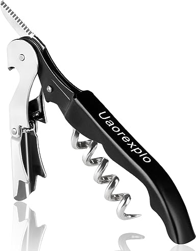 Uaorexplo Professional Heavy Duty Wine Opener, Compact and Foldable Wine Key, Strength Stainless Steel corkscrew, Double Hinged, Foil Cutter, Ideal Tools for Servers, Bartenders, Sommelier (Black).