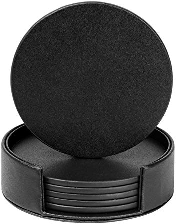 RICHSUM 6er Set Leder-Untersetzer - Tisch- und Schreibtischschutz vor Verschüttungen - Strapazierfähig und rutschfest - Ideal für Glas-Kaffeetassen & Becher - 10 cm (Schwarz Rund)