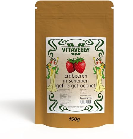 VITAVEGGY GEFRIERGETROCKNETE ERDBEEREN 300g in Scheiben | getrocknete Erdbeeren von Food-United Trockenfrüchte - | ohne Zusatzstoffe | passend für Müsli Cerealien Joghurt Smoothies (150g) (150g)