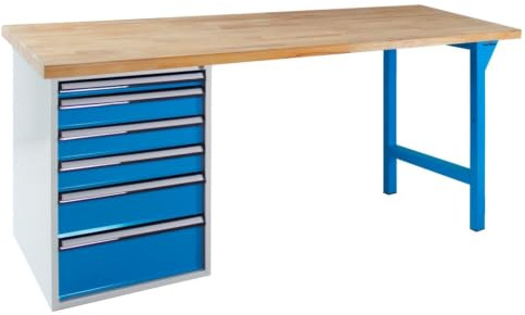 Steinbock Werkbank 6 Schubladen | 200x85x75 cm | 500 kg | Blau | 500 kg Tragkraft | 5 cm geölte Massivholz-Arbeitsplatte aus Buche | stabiles Stahlgestell | Werktisch | Made in EU