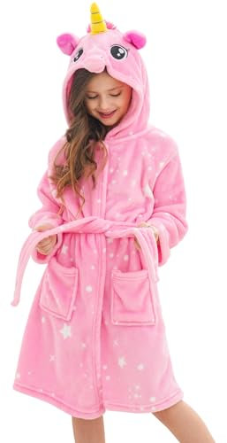 Accappatoio Unicorno per Bambina Morbidi Vestaglie in Pile con Cappuccio per Ragazze (Stelle Rosa, 4-5 anni)