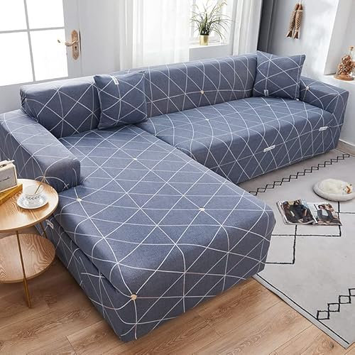 Sofaschoner Blau Sofaüberwurf Weich Spandex Sofaschoner rutschfest Couch Überwurf Waschbare Sofa Überzug Sofabezug mit Elastischen Riemen Sofabezug L Form Pflegeleicht 4 Sitzer