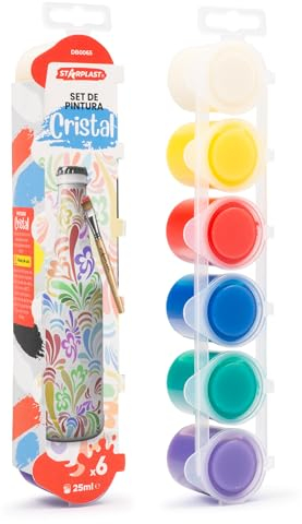 Starplast Pintura Cristal - 6x25ml, Colores Para Cristal, Juego de Pinturas, No Tóxicas, Botes, Tubos o Frascos de plástico, para manualidades, sobre lienzo y más.
