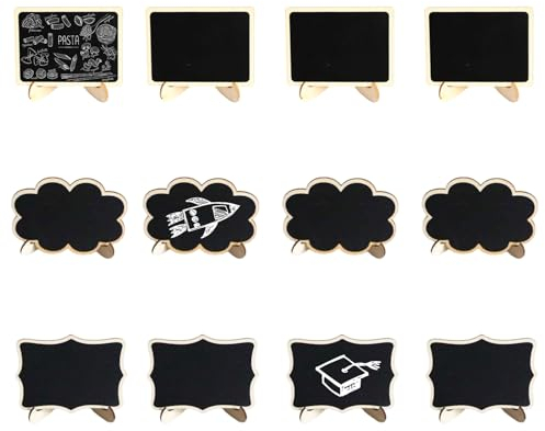SRTSTR 12 Pièces Mini Ardoise Craie Petit Tableau Noir en Bois Panneau D'affichage avec Support Base Etiquette Chevalet Mini Tableaux Noirs Effacable pour Étiquettes de Prix Mariage Buffet Ecole