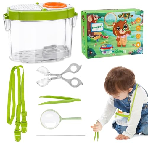 Riisoyu Becherlupe Set, Insekten Beobachtungsbox für Kinder zum Beobachten von Insekten mit Riemen Insektenklammern Pinzette Lupe Insekten Sammelbox Spielzeug Geschenk, Grün