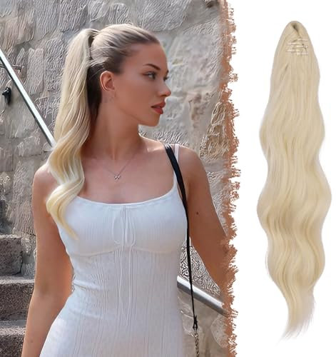 FESHFEN Pferdeschwanz Extensions Klammer, 50 cm Hair Extensions Zopf Lang Pferdeschwanz Haarteil Clip Gewellt Extensions Zopf Platinblond Pferdeschwanz Haarverlängerung für Frauen