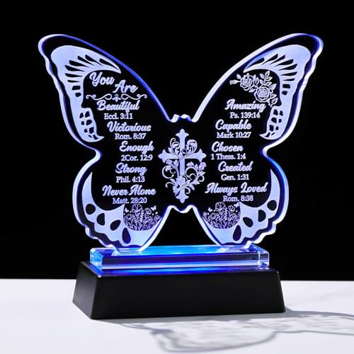Crystal Christian Gifts for Women Religious Bible Glass Engraved Butterfly Statue Plaque with LED Light Base Inspirational Keepsakes Gift for Her Mum Daughter