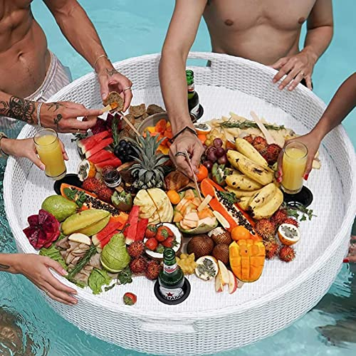 LULUMAIC Schwimmendes Rattan-Tablett für den Pool – schwimmender Frühstückstisch rund – Schwimmbad schwimmt auf dem Wasser – schwimmende Bar für den Pool