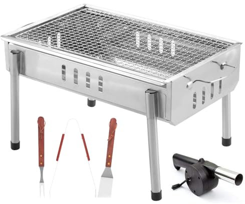 Oceano Barbecue a carbone in acciaio inox bracere richiudibile in metallo portatile bbq da esterno griglia per giardino pic-nic campeggio escursione gita (28,5x55x42.5cm + soffiatore + utensili)