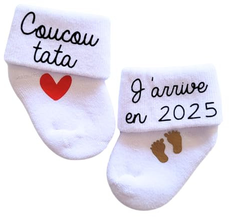 Chaussettes d'annonce de grossesse pour bébé - thème coucou j'arrive en 2025 (coucou tata)