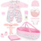 deAO Puppenkleidung mit Stubenwagen, 11-teiliges Babypuppen-Kleidung für 30-43 cm Baby Puppen, Süßes Baby Kleidung, Enthält Wiege, Mütze, Plüschtier, Flasche und Mehr, Geschenke für Mädchen Kinder