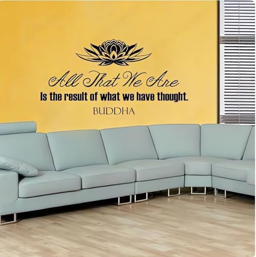 Wandtattoo mit Zitat „Alles, was wir sind, ist das Ergebnis“ von Buddha, Lotus, Meditation, Kunstaufkleber, Heimdekoration, Schwarz, 82 x 42 cm