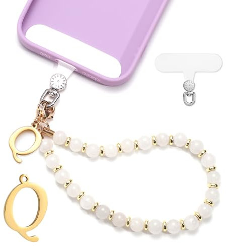 lasuroa 1 Set Handyband mit Perlen, Initialen Handyanhänger Band Abnehmbar Handykette mit Handyband Patch Freihändig Handyarmbandkette für Frauen Mädchen Geschenk (Buchstabe Q)