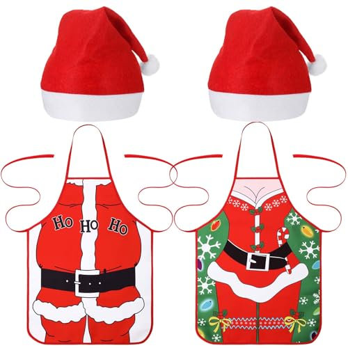 Hestya 4 Piezas de Set de Delantales y Gorros Divertidos Navideños Delantales Novedosos para Esposa y Marido Regalos de Cocina de Navidad para Hombres Mujeres Cena de Navidad Barbacoa Cocina(Xmas 2)