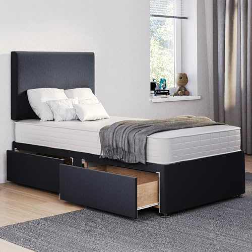 ComfoRest 3FT Single Divan Bed with Mattress, 24 Plain Headboard, Black | British-made sturdy frame, 91.5 x 190.5cm, plush upholstered finish, 2 spacious drawers, ideal for guest and single use