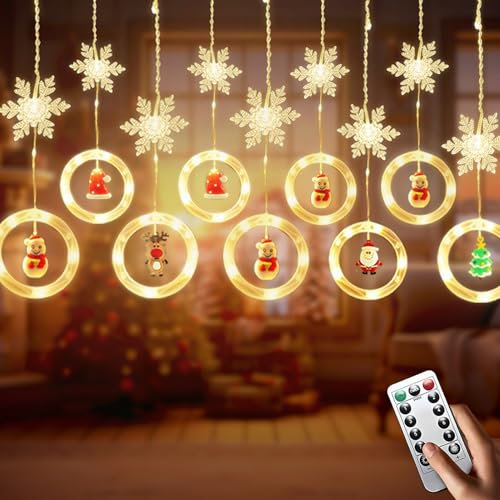 LIENGHNS Tenda Luminosa Natale, Cascata di Luci Interno, 3M 120Tenda Luci Natale con Decorazioni Natalizie e Fiocchi di Neve, Decorazioni Natalizie per Interno, Vetrina Finestra, Bianco Caldo USB