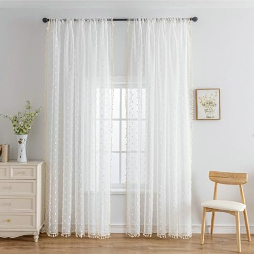 BCughia Gardinen Wohnzimmer 2er Set, Gardinen mit Punkten und Quasten Gardinen Vorhänge Schlafzimmer H 260 x B 140 cm, Weiß